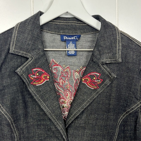 Denim & Co. Womens Jean Jacket M Dark Wash Black Long Sleeve Button Down Western - Picture 4 of 13